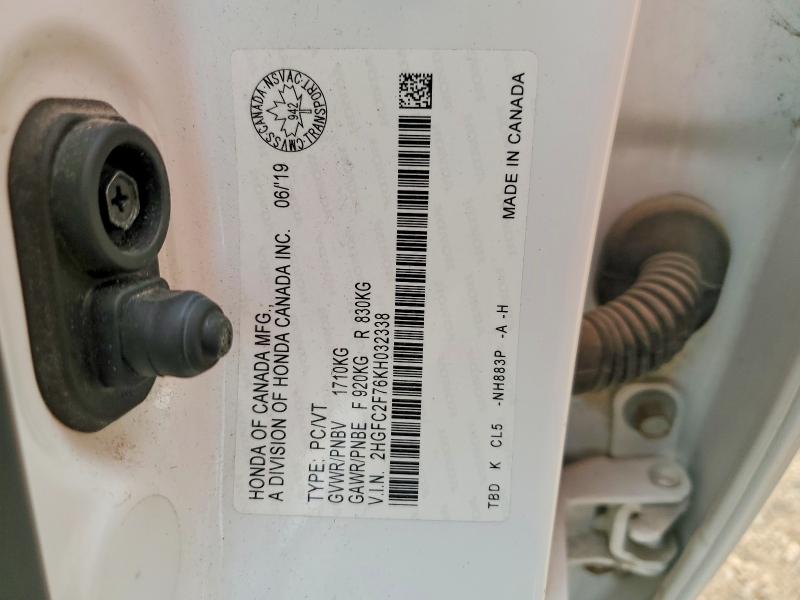 2019 Honda Civic მანქანა იყიდება აუქციონზე, vin: 2HGFC2F76KH032338, აუქციონის ნომერი: 61198866