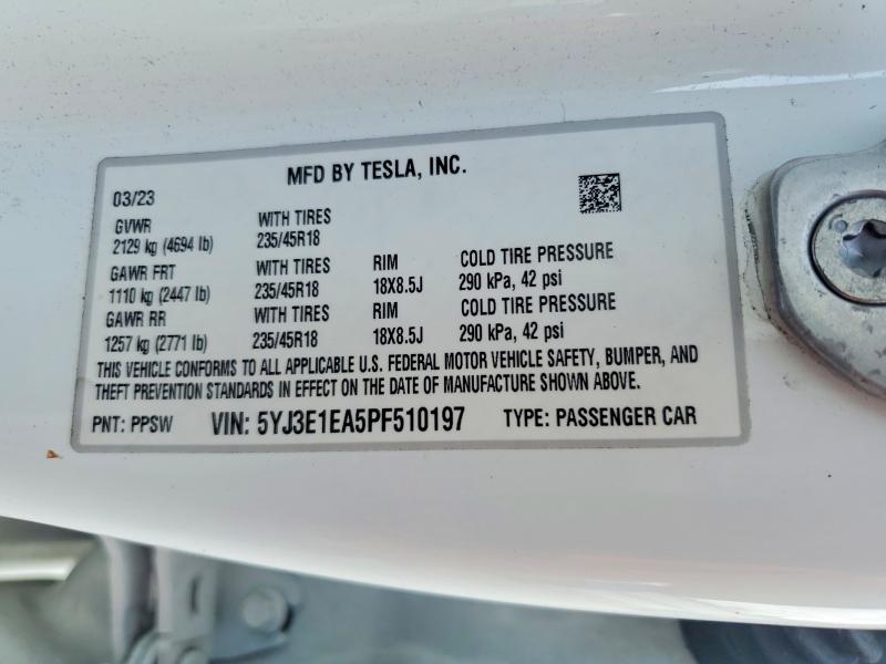 60130146 :رقم المزاد ، 5YJ3E1EA5PF510197 vin ، 2023 Tesla Model 3 مزاد بيع