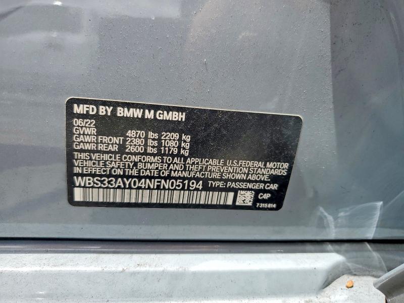 Aukcja sprzedaży 2022 Bmw M3, vin: WBS33AY04NFN05194, numer aukcji: 76292415