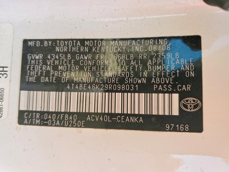 Auction sale of the 2009 Toyota Camry, vin: 4T4BE46K29R098031, lot number: 62079916