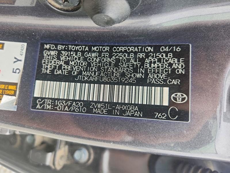 60168046 :رقم المزاد ، JTDKARFU8G3519245 vin ، 2016 Toyota Prius مزاد بيع