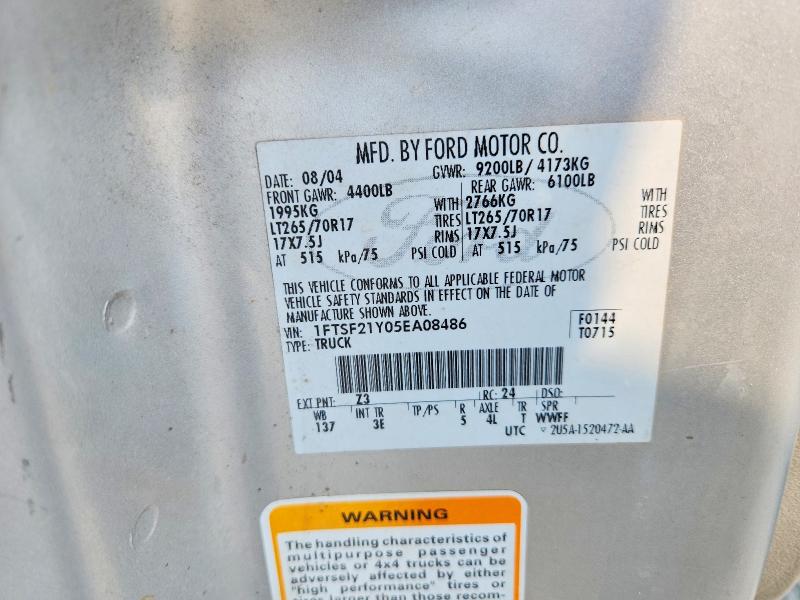 2005 Ford F250 მანქანა იყიდება აუქციონზე, vin: 1FTSF21Y05EA08486, აუქციონის ნომერი: 59372386