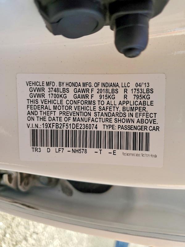 Aukcja sprzedaży 2013 Honda Civic, vin: 19XFB2F51DE236074, numer aukcji: 59905106