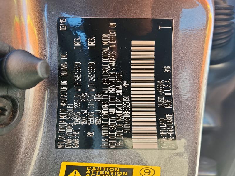 60309366 :رقم المزاد ، 5TDYZRFH6KS325150 vin ، 2019 Toyota Highlander مزاد بيع