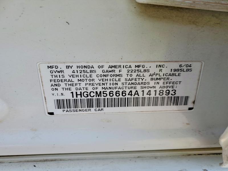 60962596 :رقم المزاد ، 1HGCM56664A141893 vin ، 2004 Honda Accord مزاد بيع