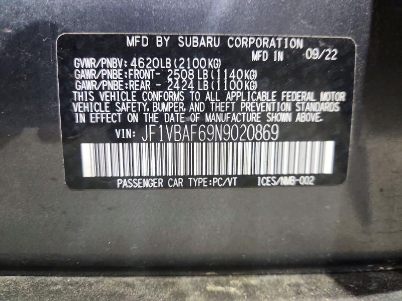 61415756 :رقم المزاد ، JF1VBAF69N9020869 vin ، 2022 Subaru Wrx مزاد بيع