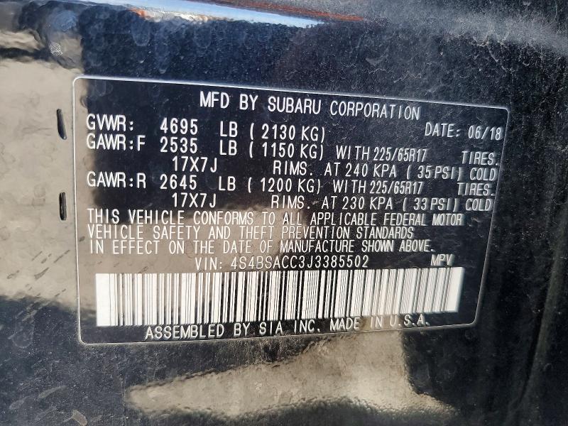 60394126 :رقم المزاد ، 4S4BSACC3J3385502 vin ، 2018 Subaru Outback مزاد بيع