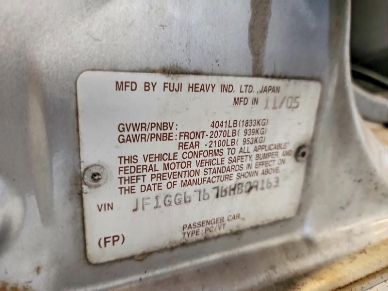 2006 Subaru Impreza მანქანა იყიდება აუქციონზე, vin: JF1GG67676H809163, აუქციონის ნომერი: 60563516