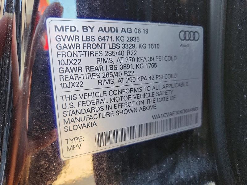 2019 Audi Q8 მანქანა იყიდება აუქციონზე, vin: WA1CVAF10KD044963, აუქციონის ნომერი: 61566146