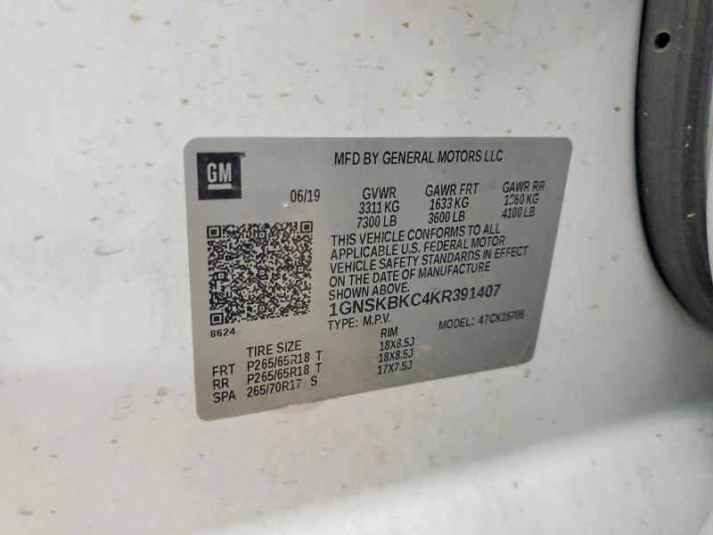 Продаж на аукціоні авто 2019 Chevrolet Tahoe, vin: 1GNSKBKC4KR391407, номер лоту: 62980116