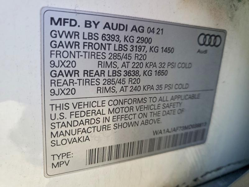 Продаж на аукціоні авто 2021 Audi Q7, vin: WA1AJAF73MD038813, номер лоту: 60527356