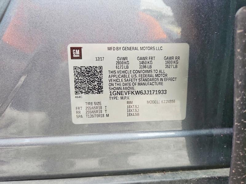 Aukcja sprzedaży 2018 Chevrolet Traverse, vin: 1GNEVFKW6JJ171933, numer aukcji: 62291086