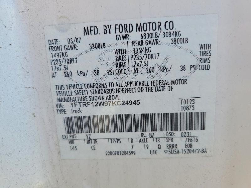 77250545 :رقم المزاد ، 1FTRF12W97KC24945 vin ، 2007 Ford F150 مزاد بيع