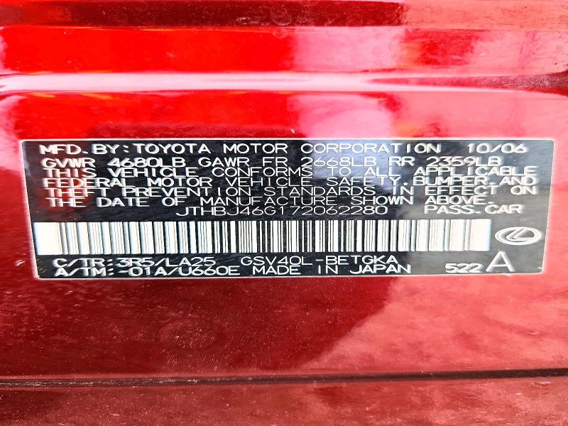 Aukcja sprzedaży 2007 Lexus Es, vin: JTHBJ46G172062280, numer aukcji: 62098976