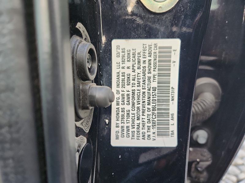 2020 Honda Civic მანქანა იყიდება აუქციონზე, vin: 19XFC2F86LE015740, აუქციონის ნომერი: 62296396