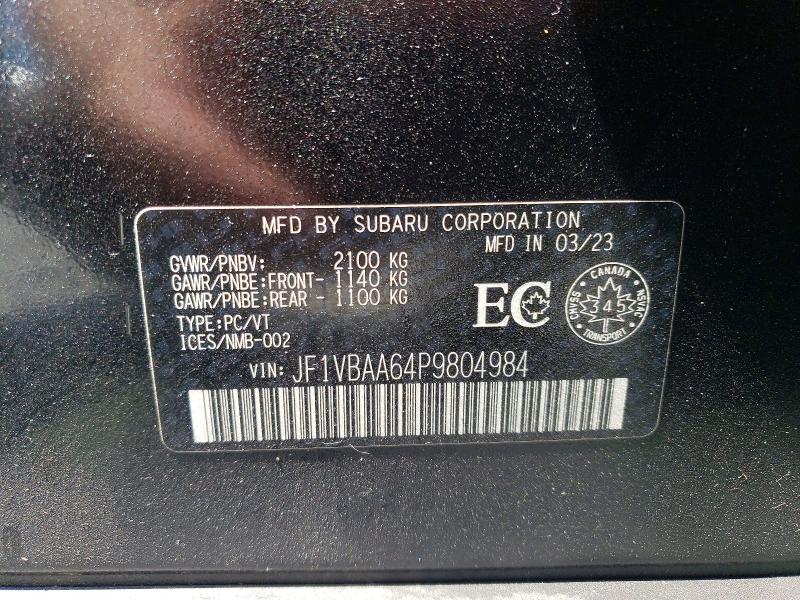 2023 Subaru Wrx მანქანა იყიდება აუქციონზე, vin: JF1VBAA64P9804984, აუქციონის ნომერი: 59655826