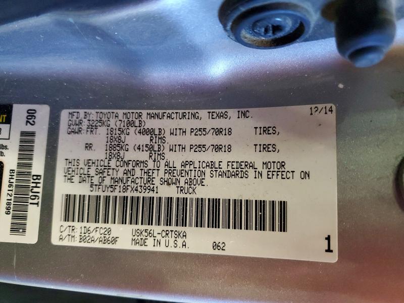 60547316 :رقم المزاد ، 5TFUY5F18FX439941 vin ، 2015 Toyota Tundra مزاد بيع