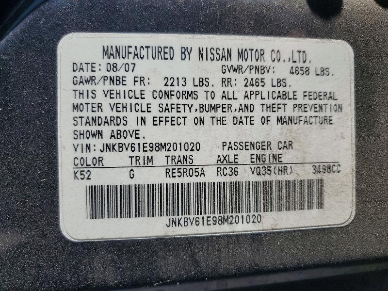 Aukcja sprzedaży 2008 Infiniti G35, vin: JNKBV61E98M201020, numer aukcji: 59556736