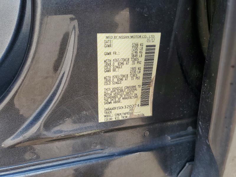 Aukcja sprzedaży 2012 Nissan Titan, vin: 1N6AA0FJ5CN320274, numer aukcji: 63150906
