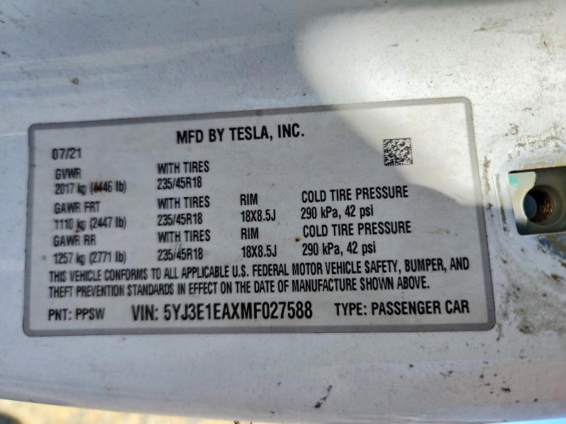 Aukcja sprzedaży 2021 Tesla Model 3, vin: 5YJ3E1EAXMF027588, numer aukcji: 62618276