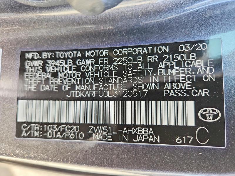 Aukcja sprzedaży 2020 Toyota Prius, vin: JTDKARFU0L3120517, numer aukcji: 59821306
