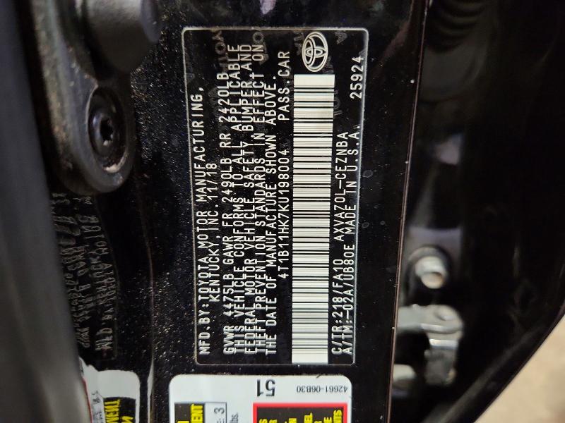 2019 Toyota Camry მანქანა იყიდება აუქციონზე, vin: 4T1B11HK7KU198004, აუქციონის ნომერი: 60351396