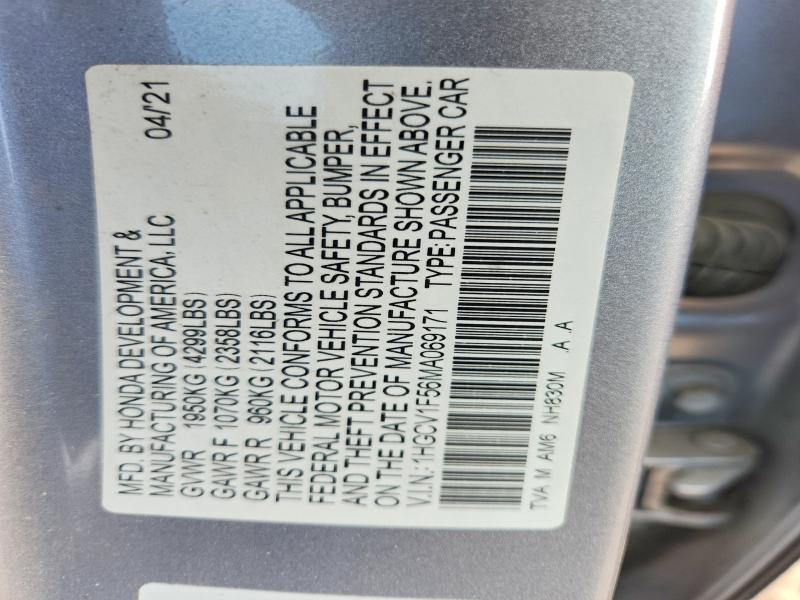 2021 Honda Accord მანქანა იყიდება აუქციონზე, vin: 1HGCV1F56MA069171, აუქციონის ნომერი: 59666946