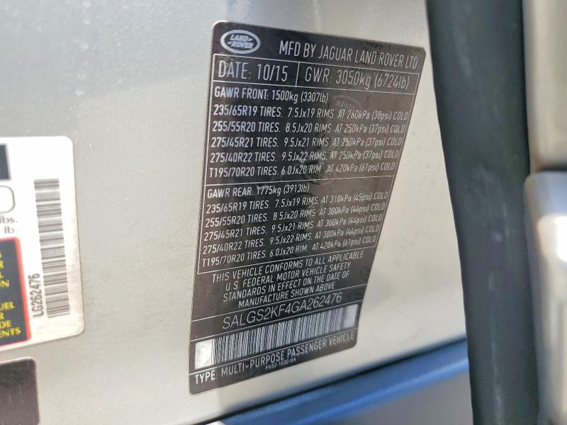 Aukcja sprzedaży 2016 Land Rover Range Rover, vin: SALGS2KF4GA262476, numer aukcji: 62134626