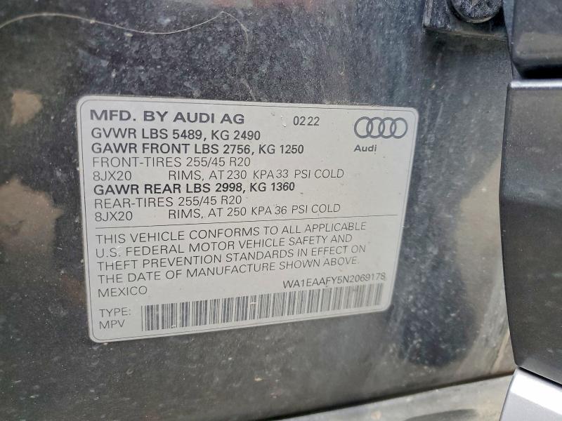 62569906 :رقم المزاد ، WA1EAAFY5N2069178 vin ، 2022 Audi Q5 مزاد بيع