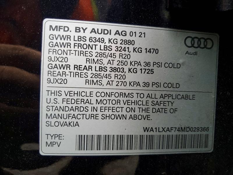 2021 Audi Q7 მანქანა იყიდება აუქციონზე, vin: WA1LXAF74MD029366, აუქციონის ნომერი: 61194996