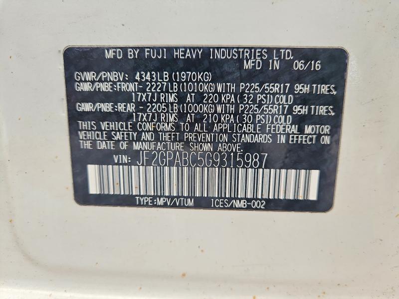 60628296 :رقم المزاد ، JF2GPABC5G9315987 vin ، 2016 Subaru Crosstrek مزاد بيع