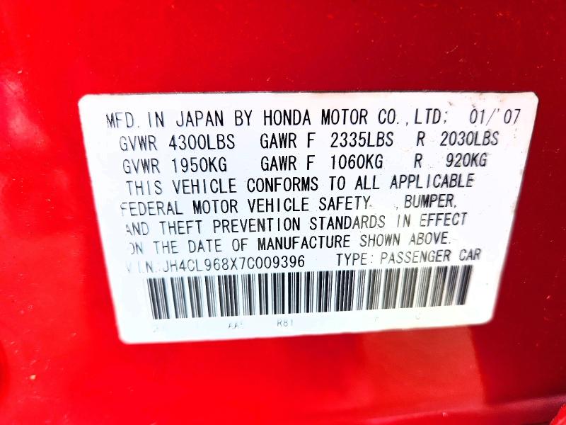 2007 Acura Tsx მანქანა იყიდება აუქციონზე, vin: JH4CL968X7C009396, აუქციონის ნომერი: 62396466