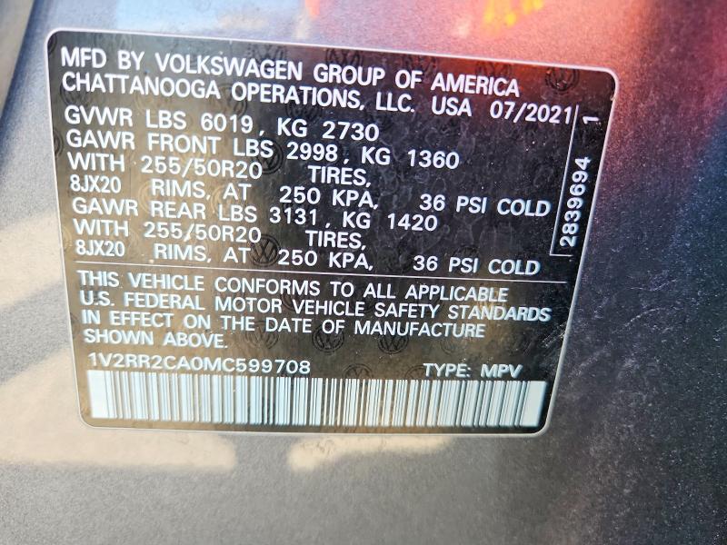 2021 Volkswagen Atlas მანქანა იყიდება აუქციონზე, vin: 1V2RR2CA0MC599708, აუქციონის ნომერი: 62287326