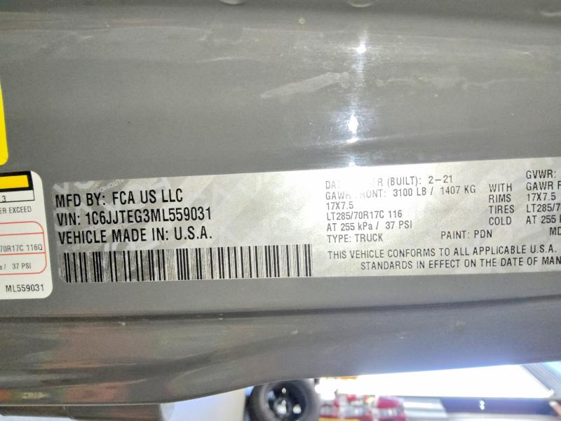 Продажа на аукционе авто 2021 Jeep Gladiator, vin: 1C6JJTEG3ML559031, номер лота: 60128806