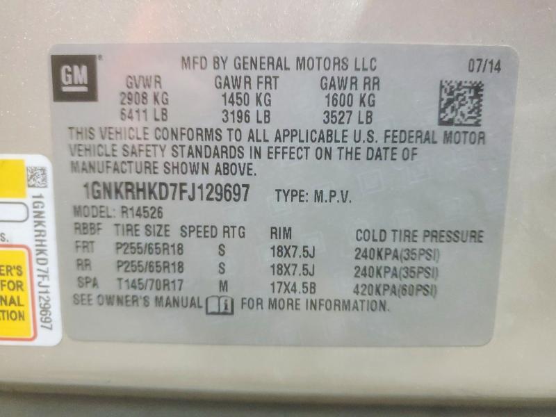 62775426 :رقم المزاد ، 1GNKRHKD7FJ129697 vin ، 2015 Chevrolet Traverse مزاد بيع