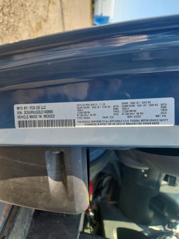 61289976 :رقم المزاد ، 3C6URVJG0LE140956 vin ، 2020 Ram Promaster 3500 مزاد بيع