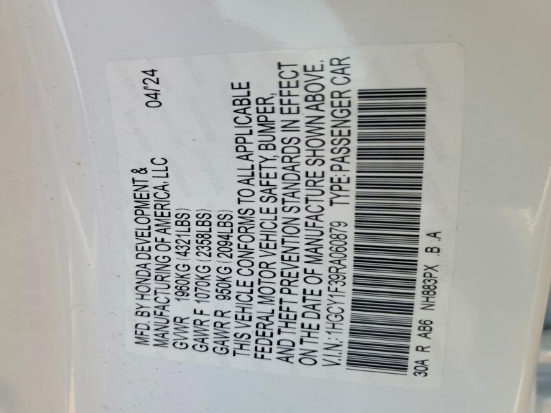 2024 Honda Accord მანქანა იყიდება აუქციონზე, vin: 1HGCY1F39RA060879, აუქციონის ნომერი: 61116526