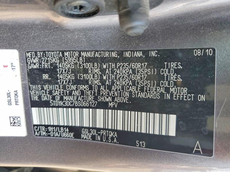 58539126 :رقم المزاد ، 5TDYK3DC7BS066127 vin ، 2011 Toyota Sienna مزاد بيع