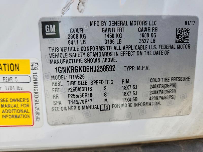 Aukcja sprzedaży 2017 Chevrolet Traverse, vin: 1GNKRGKD6HJ258592, numer aukcji: 61718286