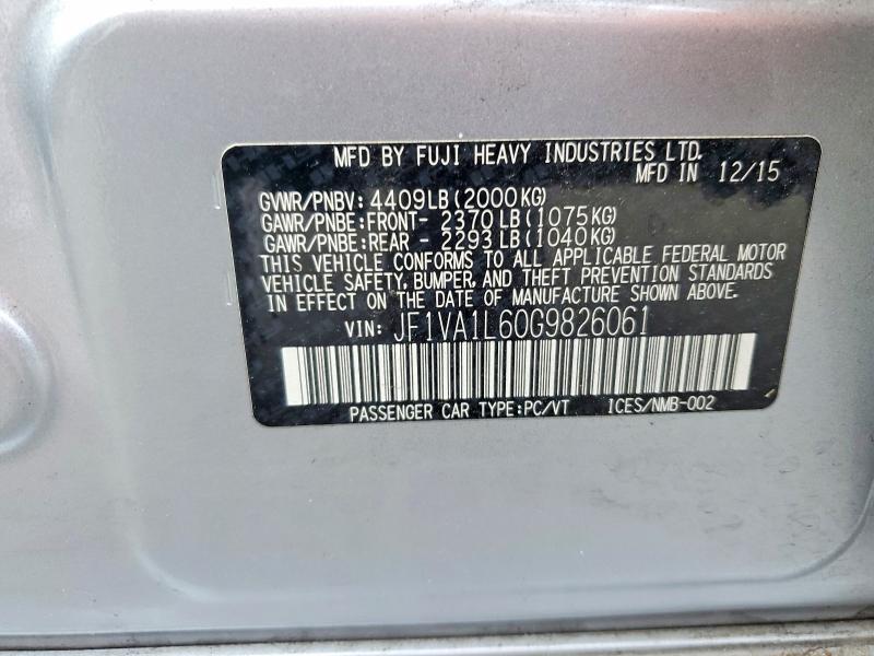 61567966 :رقم المزاد ، JF1VA1L60G9826061 vin ، 2016 Subaru Wrx مزاد بيع