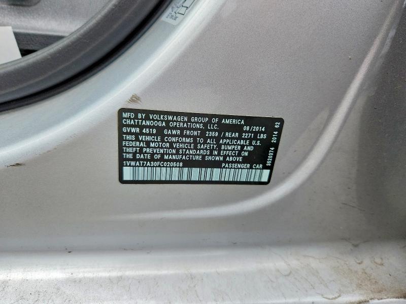 2015 Volkswagen Passat მანქანა იყიდება აუქციონზე, vin: 1VWAT7A30FC020508, აუქციონის ნომერი: 60211456