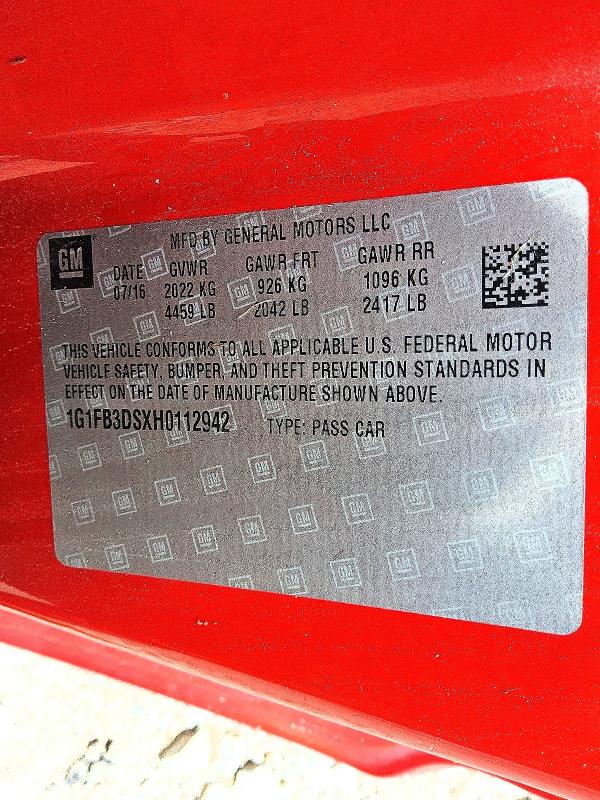 Продажа на аукционе авто 2017 Chevrolet Camaro, vin: 1G1FB3DSXH0112942, номер лота: 60595836