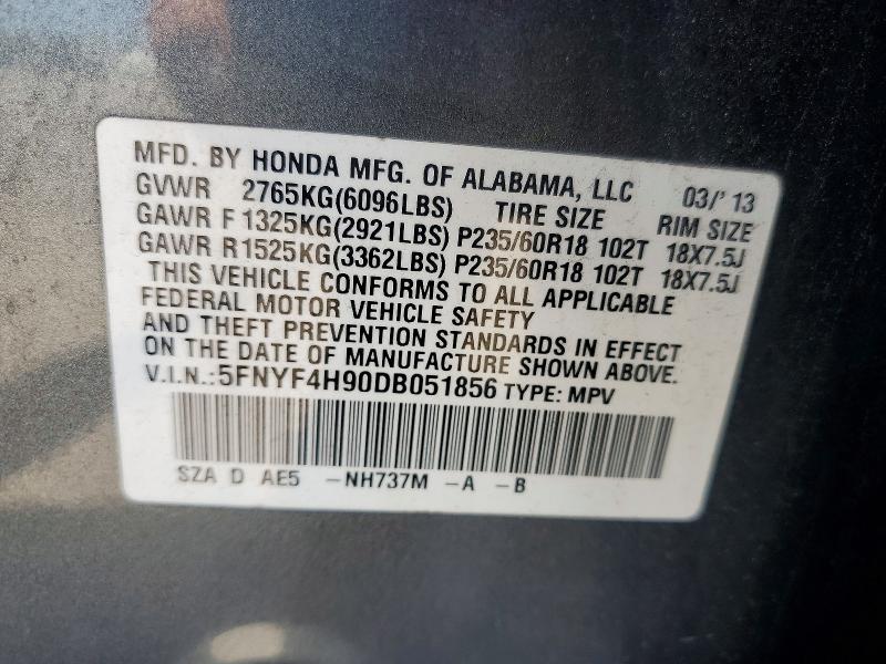 Продаж на аукціоні авто 2013 Honda Pilot, vin: 5FNYF4H90DB051856, номер лоту: 59251286