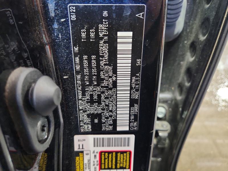 Auction sale of the 2022 Toyota Highlander, vin: 5TDHZRBH5NS584030, lot number: 61054716