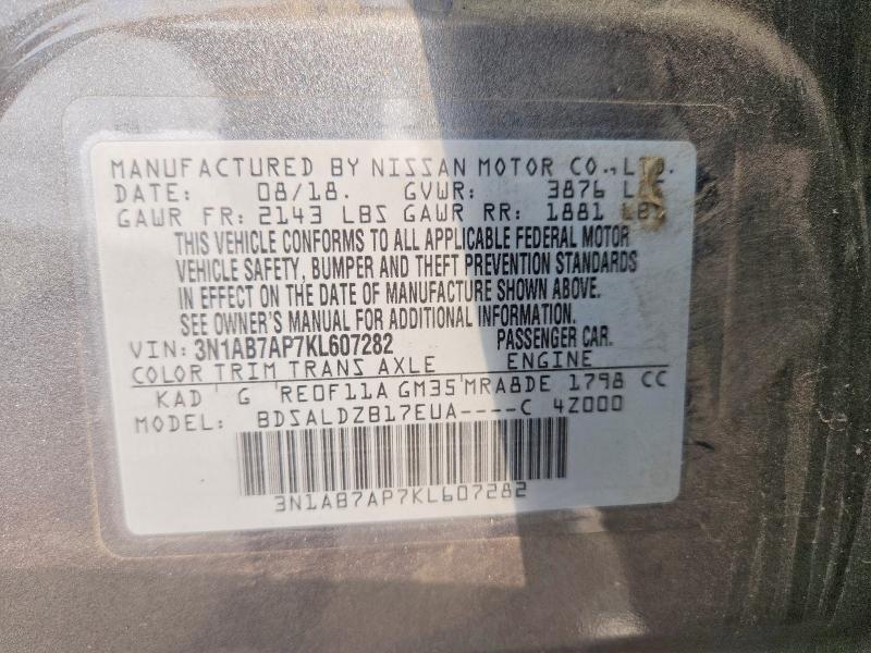 Auction sale of the 2019 Nissan Sentra, vin: 3N1AB7AP7KL607282, lot number: 62316376