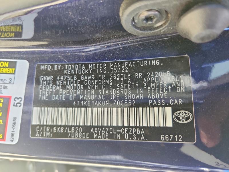 61421016 :رقم المزاد ، 4T1K61AK0NU700562 vin ، 2022 Toyota Camry مزاد بيع