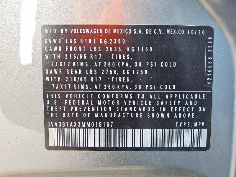 Продаж на аукціоні авто 2021 Volkswagen Tiguan, vin: 3VV3B7AX3MM018167, номер лоту: 57003306