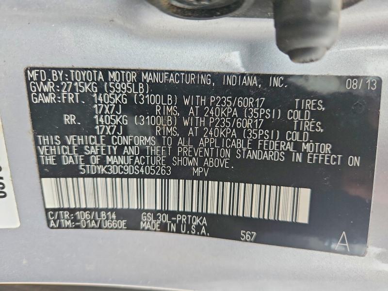 61713186 :رقم المزاد ، 5TDYK3DC9DS405263 vin ، 2013 Toyota Sienna مزاد بيع
