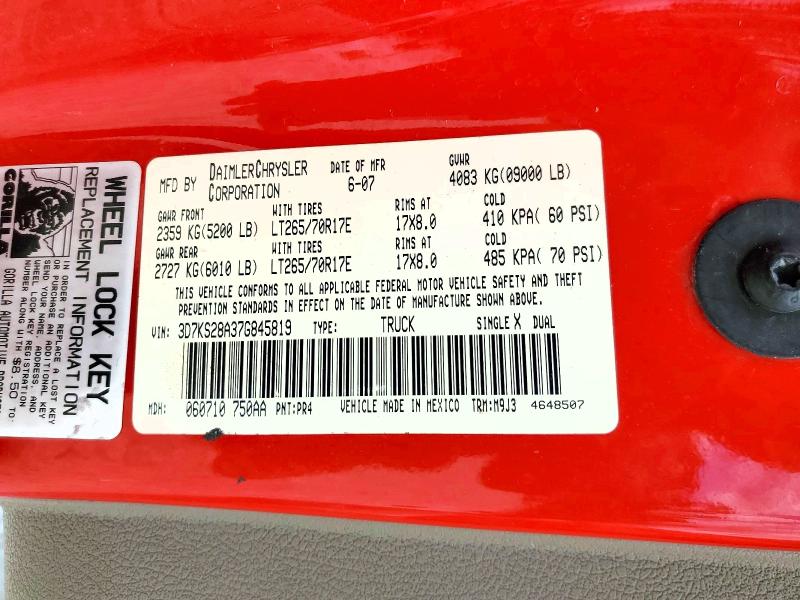 2007 Dodge Ram 2500 მანქანა იყიდება აუქციონზე, vin: 3D7KS28A37G845819, აუქციონის ნომერი: 59359666
