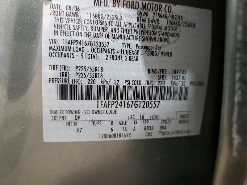 2007 Ford Five Hundred მანქანა იყიდება აუქციონზე, vin: 1FAFP24167G120557, აუქციონის ნომერი: 61613106